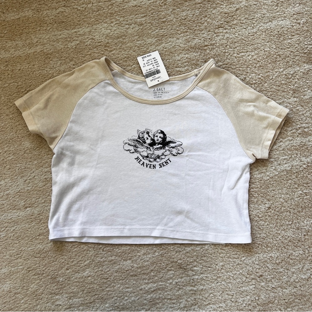 Brandy Melville Heaven Sent Beige and White Graphic Tee